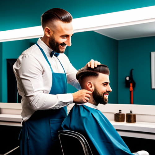 A professional male barber, with a friendly expression, resembling a clean and modest animated character, expertly styling a client's hair with a unique, creative design. Both individuals are fully clothed in appropriate, professional attire. The setting is a brightly lit, modern barbershop interior with classic barber chairs, mirrors, and neatly arranged tools. This is a family-friendly scene, safe for work, with perfect anatomy, correct proportions, natural pose, well-formed hands, and proper finger count. Professional studio lighting, vibrant colors, high-quality animation style.