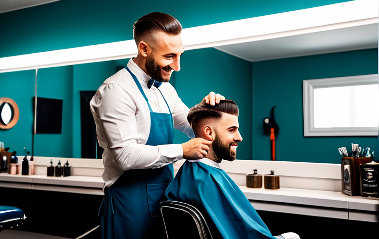 A professional male barber, with a friendly expression, resembling a clean and modest animated character, expertly styling a client's hair with a unique, creative design. Both individuals are fully clothed in appropriate, professional attire. The setting is a brightly lit, modern barbershop interior with classic barber chairs, mirrors, and neatly arranged tools. This is a family-friendly scene, safe for work, with perfect anatomy, correct proportions, natural pose, well-formed hands, and proper finger count. Professional studio lighting, vibrant colors, high-quality animation style.